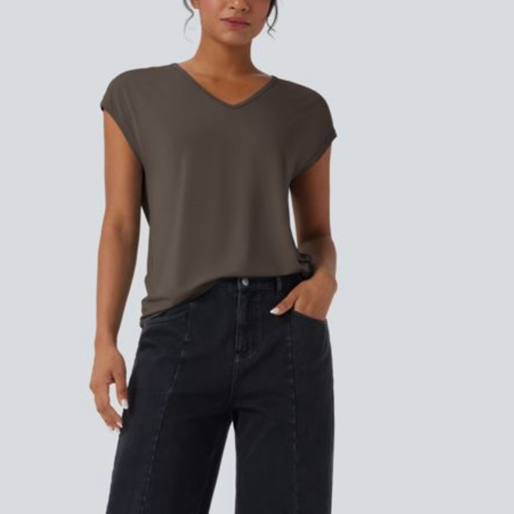 V-Neck Halara Cap Sleeve Top in Brown, new